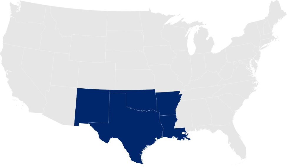 Map of the United States with Texas, New Mexico, Oklahoma, Louisiana & Arkansas highlighted